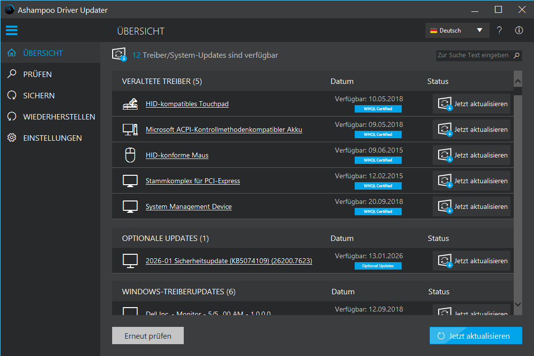 Detailansicht der veralteten Treiber