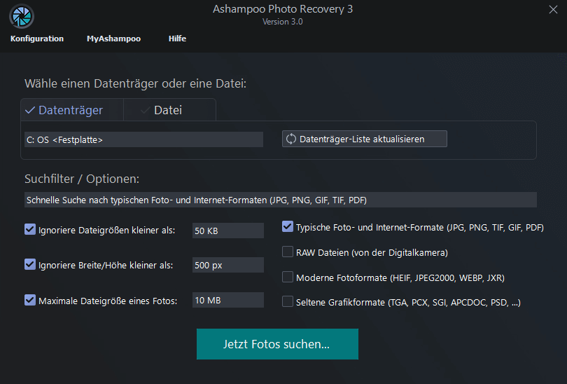 Ashampoo Photo Recovery 3 - Einstellungen