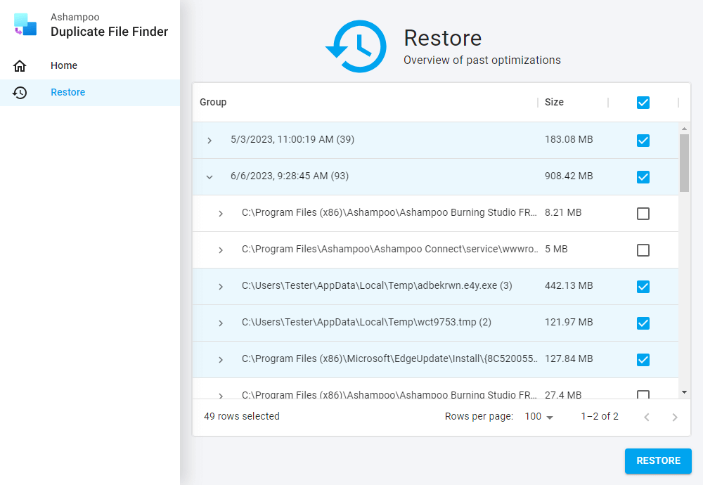 Ashampoo Duplicate File Finder - Restore