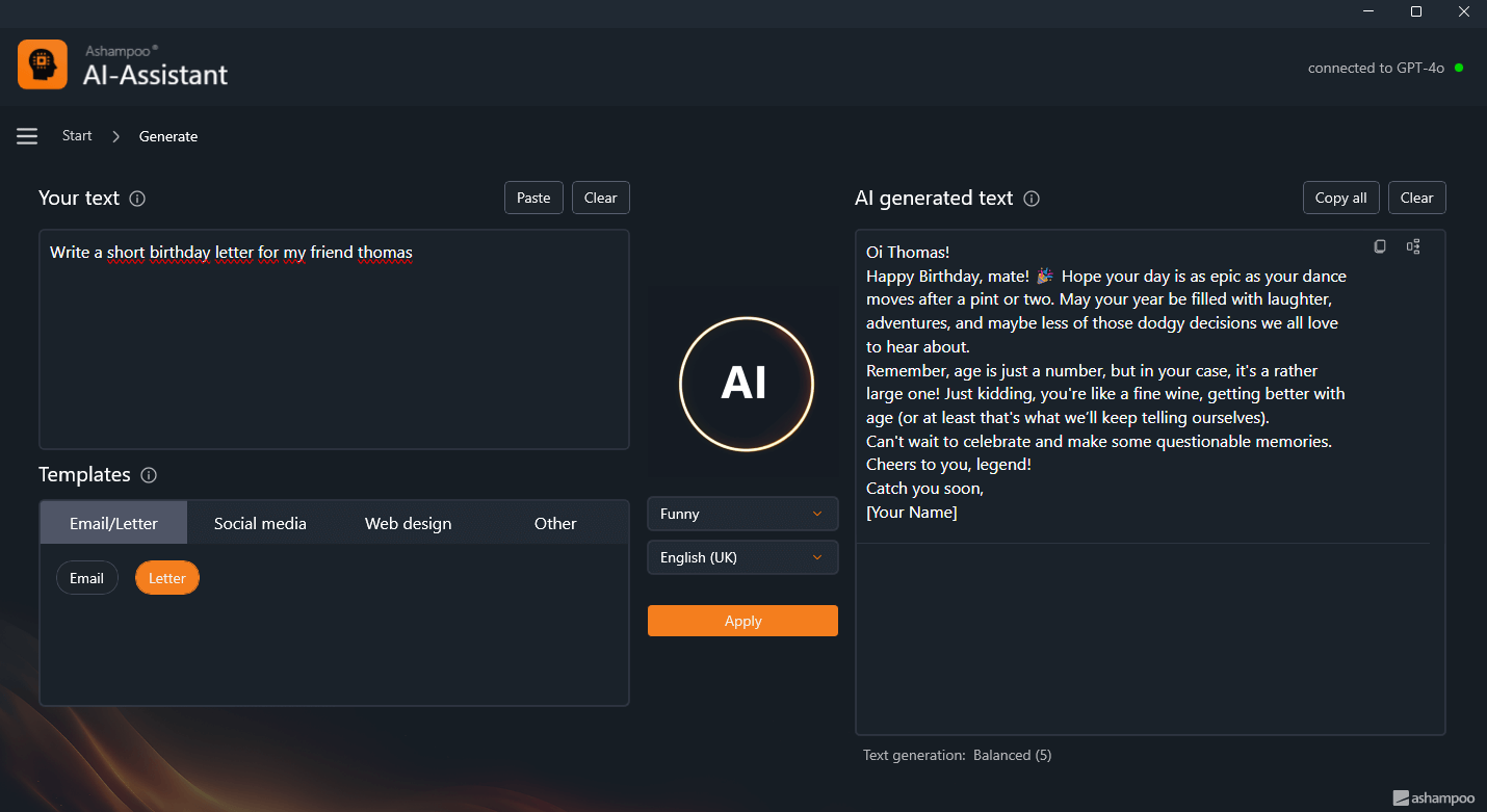 Ashampoo AI Assistant - Generate text