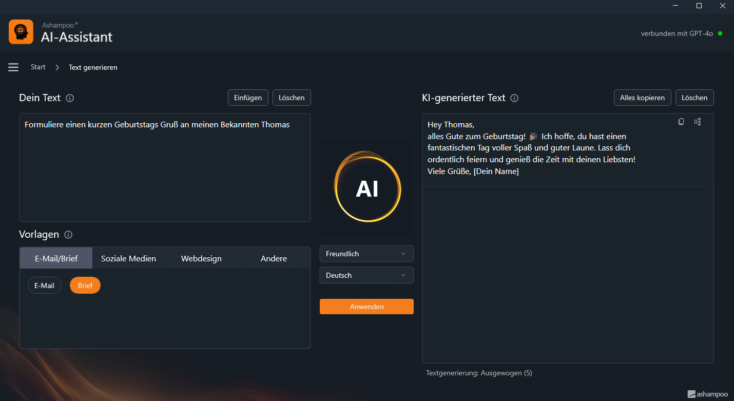 Ashampoo AI Assistent - Text generieren