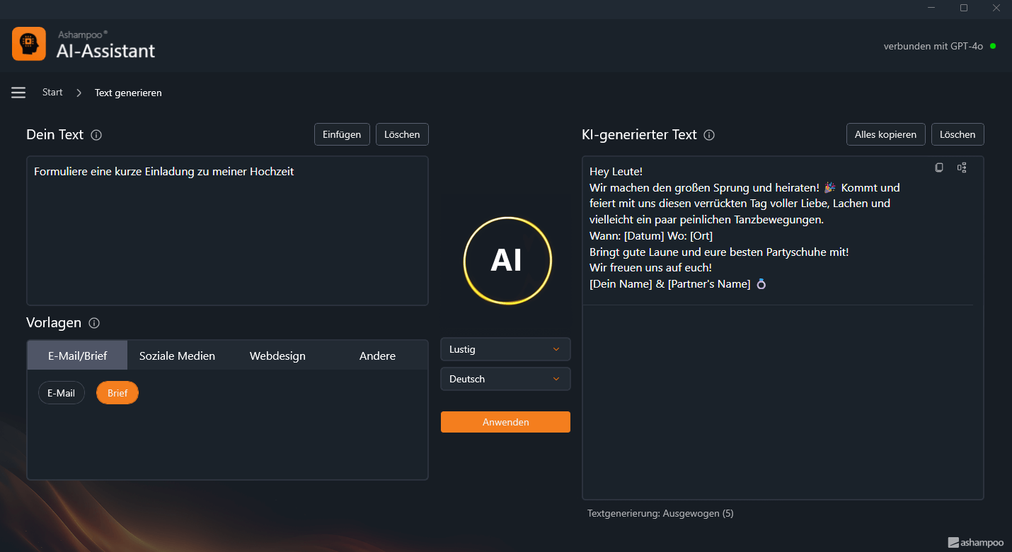 Ashampoo AI Assistent - Verbessern & Übersetzen