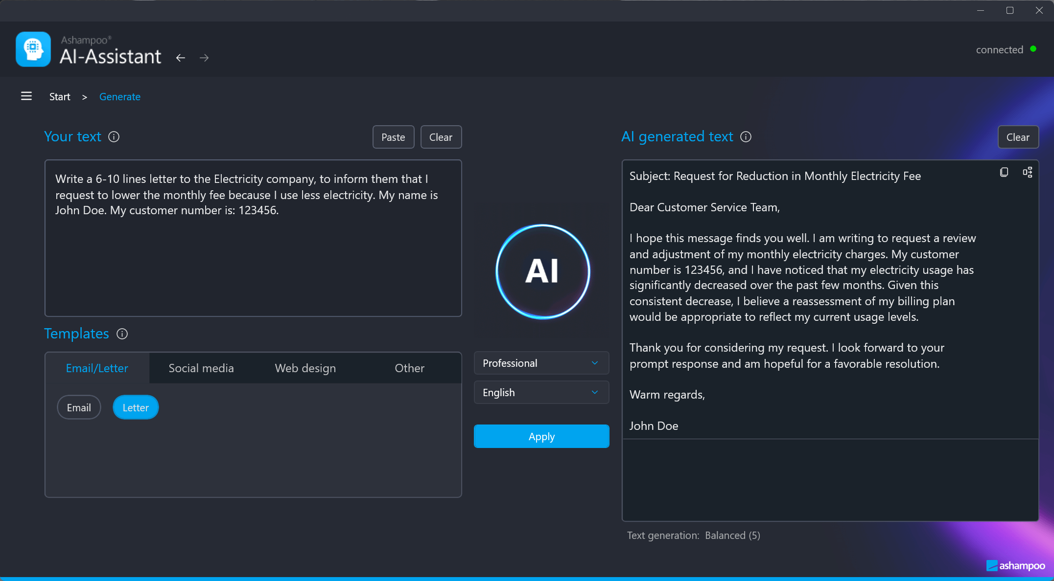 Ashampoo AI Assistant - Generate text