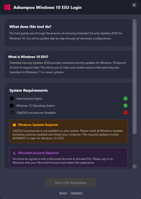 Ashampoo® Windows 10 ESU Login - Start