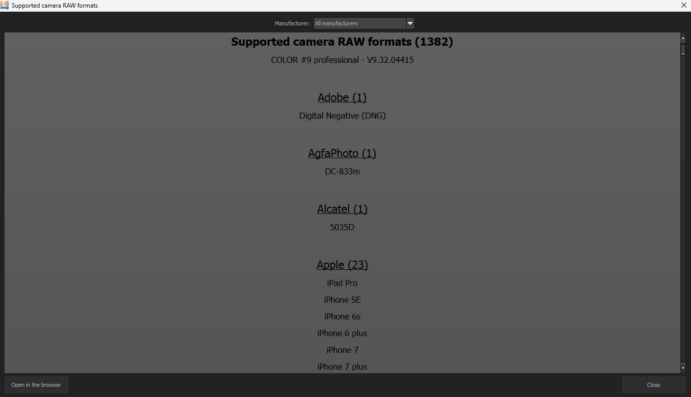 Supported camera RAW formats