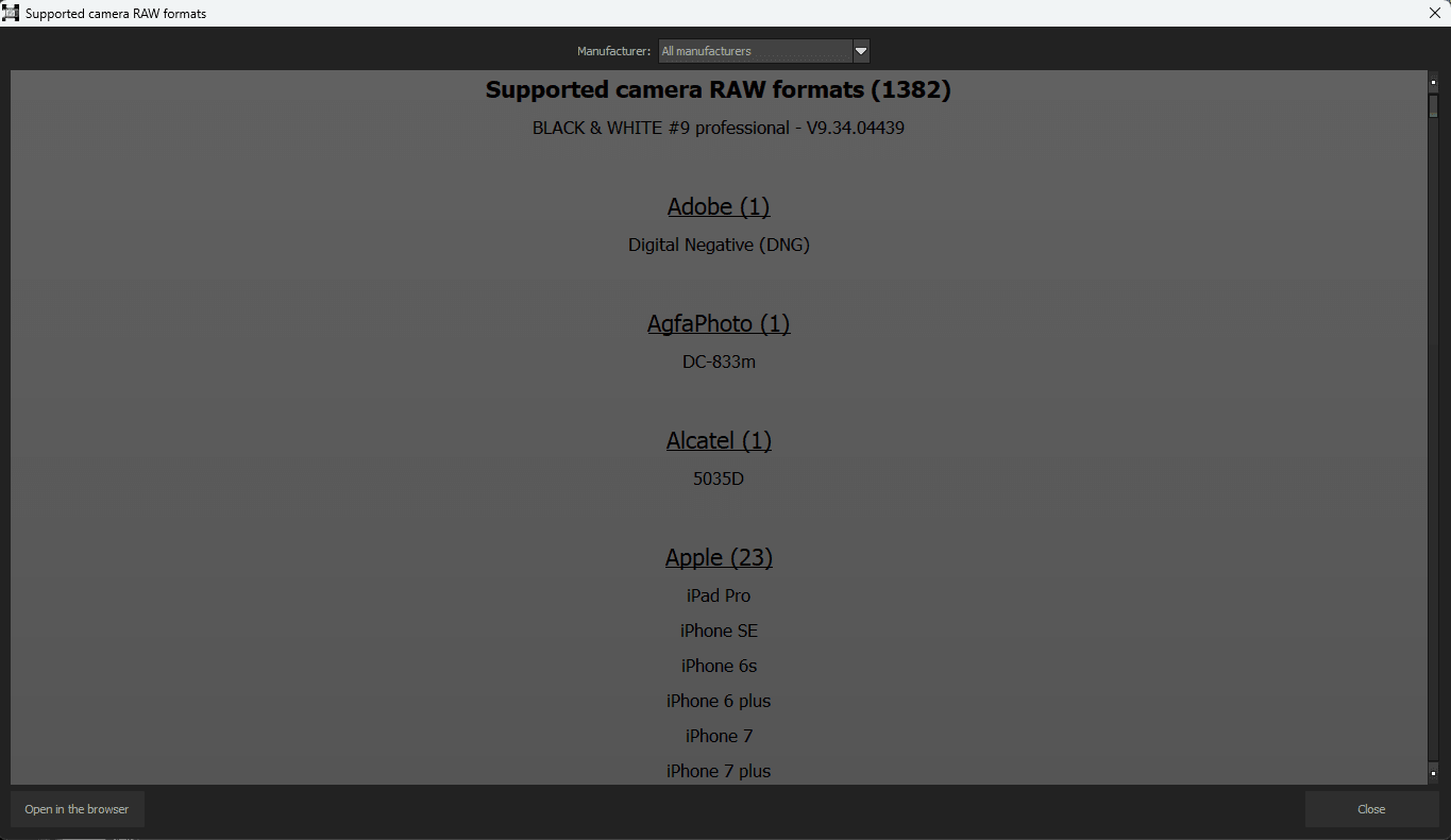 Supported camera RAW formats