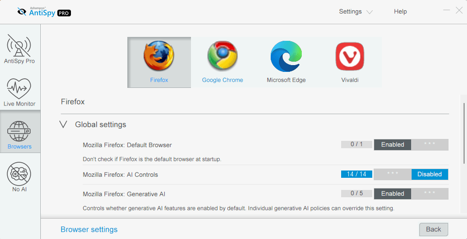 Ashampoo AntiSpy Pro - Browser