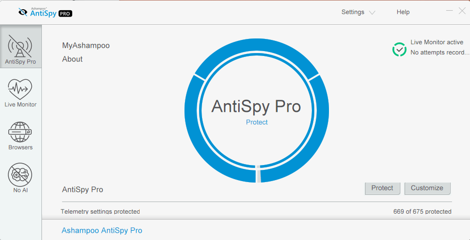 Ashampoo AntiSpy Pro - Start screen