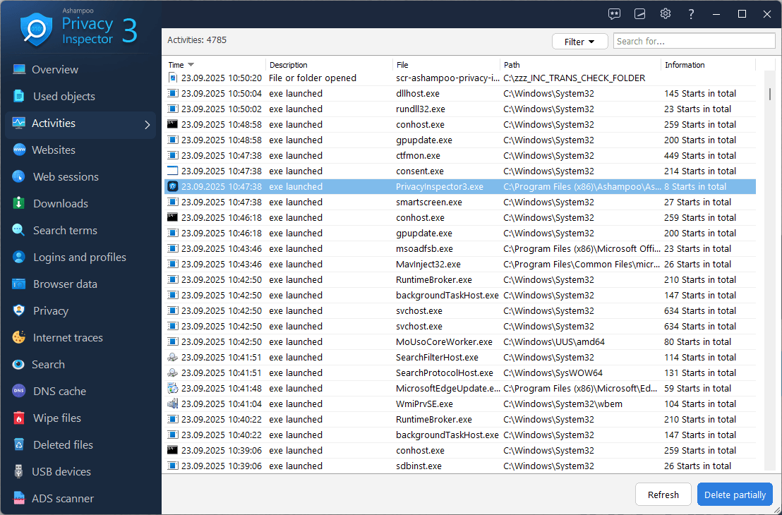 Ashampoo® Privacy Inspector 3 - Activities