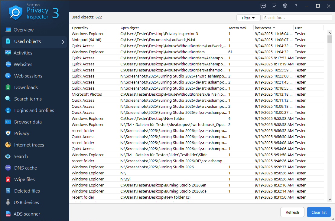 Ashampoo® Privacy Inspector 3 - Used objects