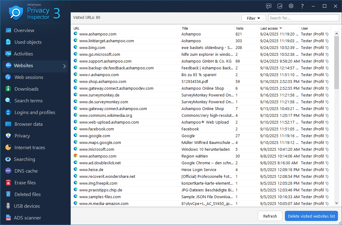 Ashampoo® Privacy Inspector 3 - Web sites