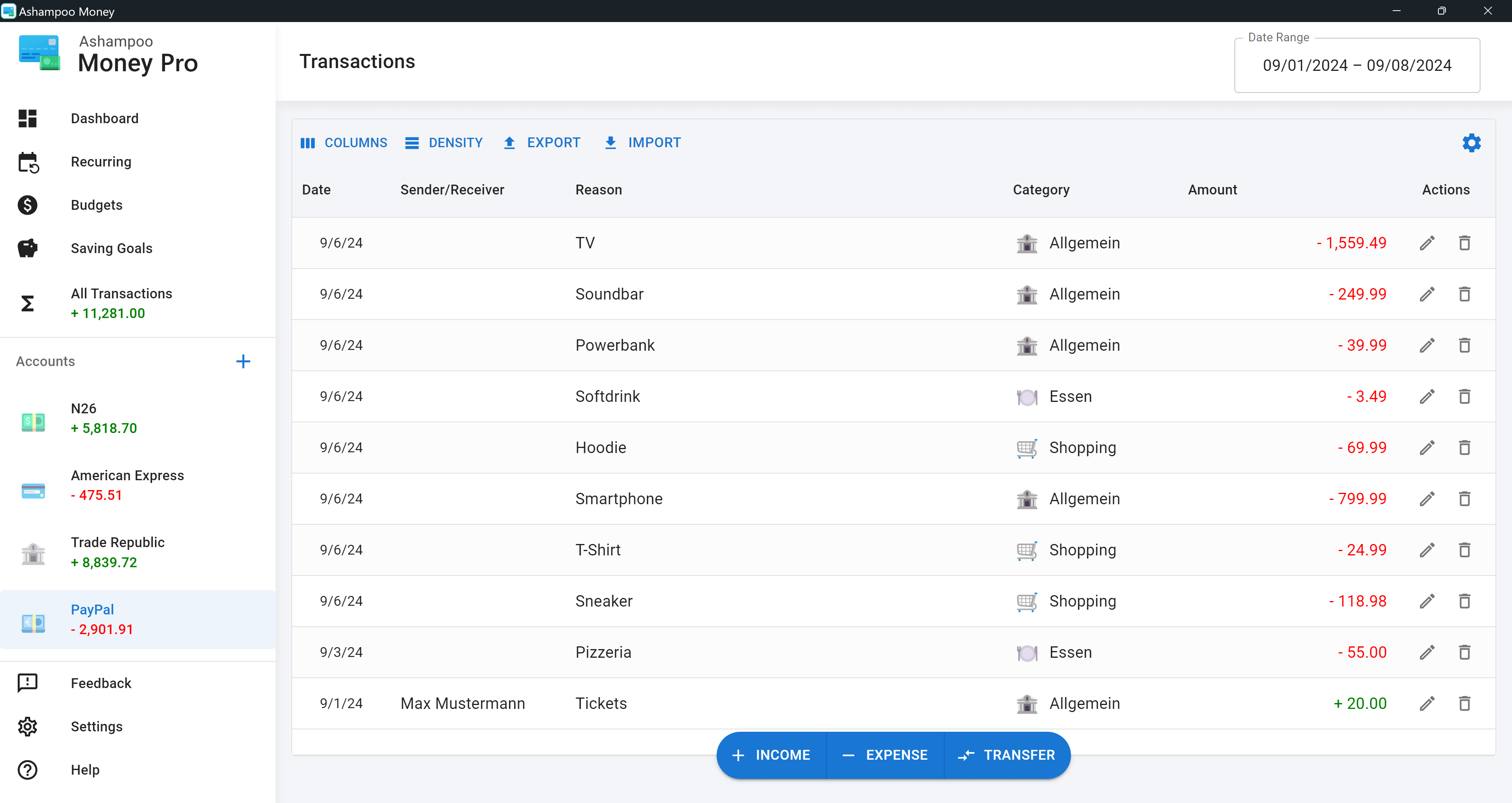 Ashampoo Money Pro - Transactions 