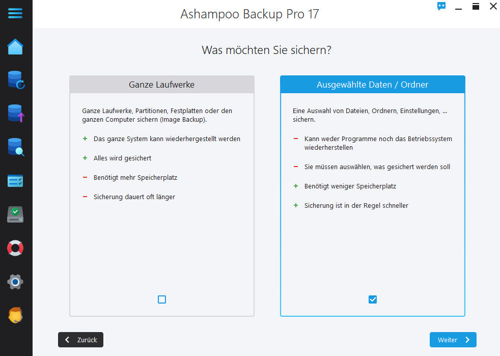 Ashampoo Backup Pro 17 - Auswahl Daten 