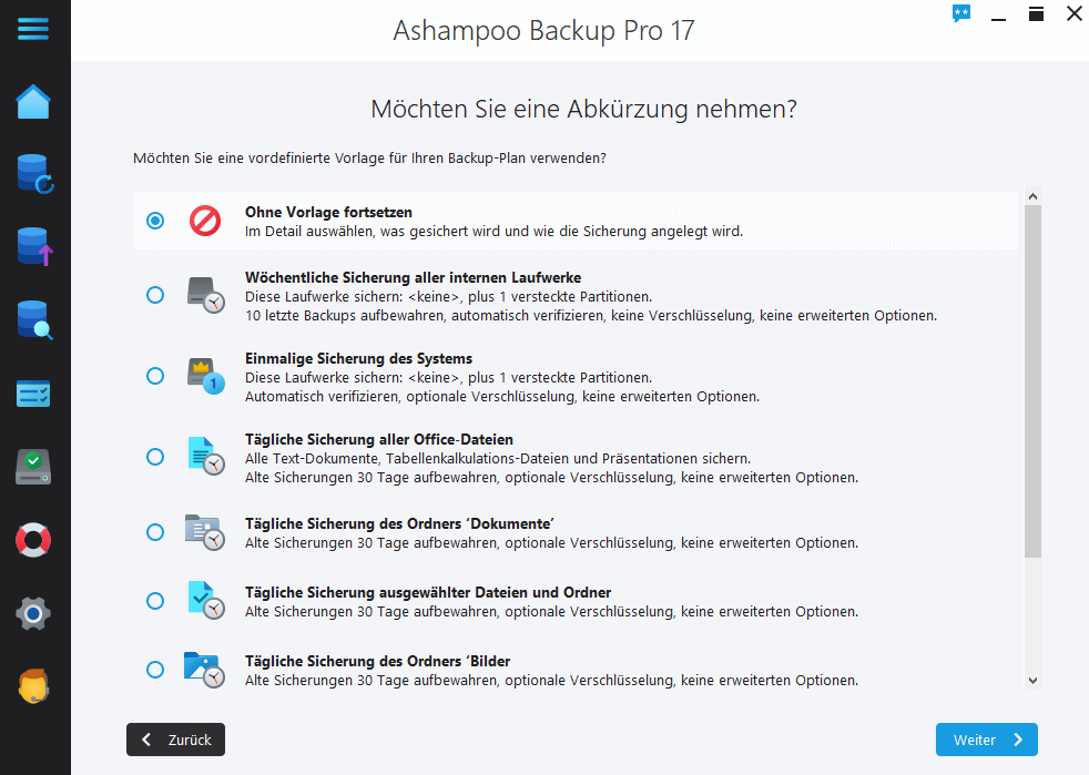 Ashampoo Backup Pro 17 - Planauswahl 