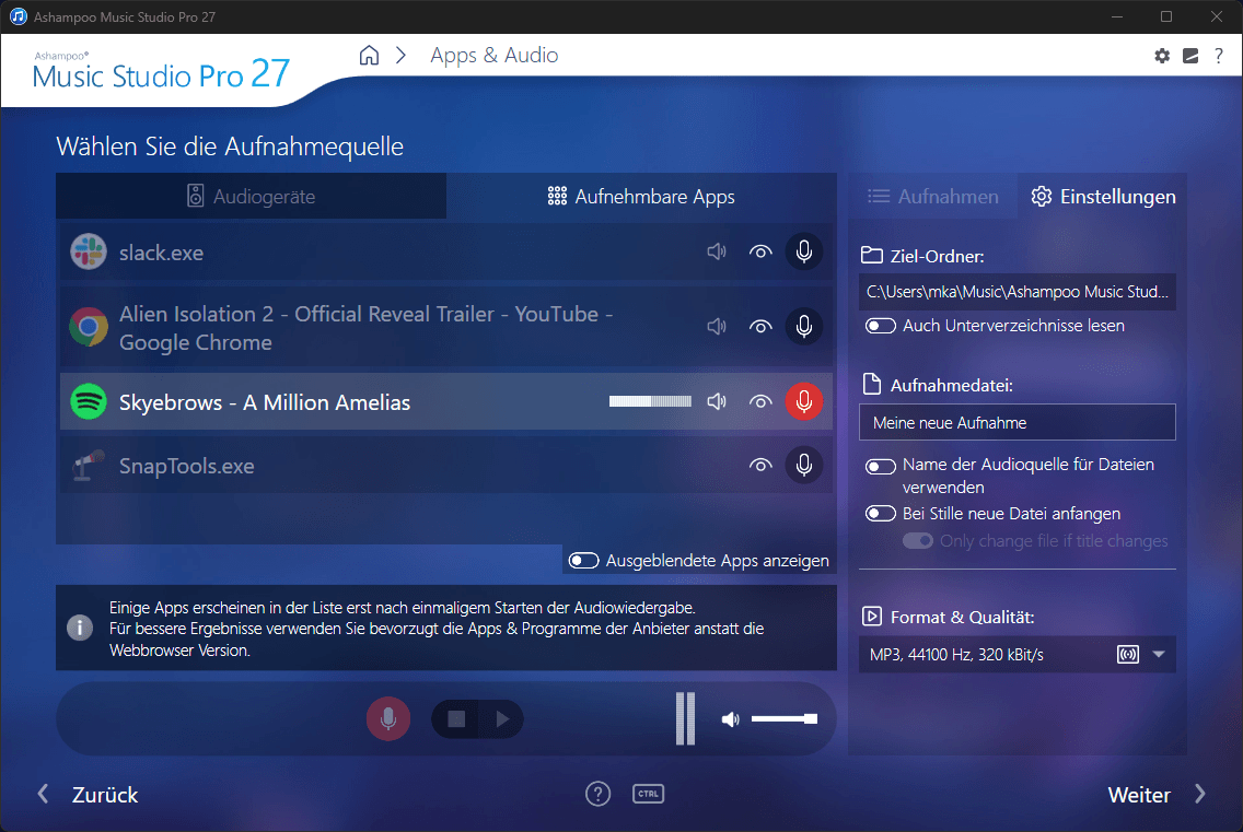 Ashampoo® Music Studio Pro 27 - Von Apps aufnehmen