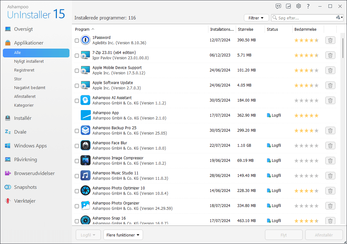 Ashampoo® UnInstaller 15 - Program list 