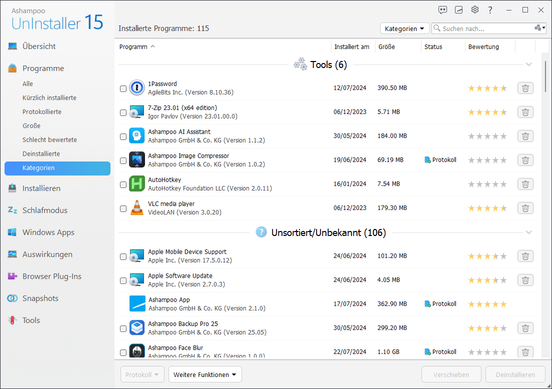 Ashampoo® UnInstaller 15 - Kategorien 