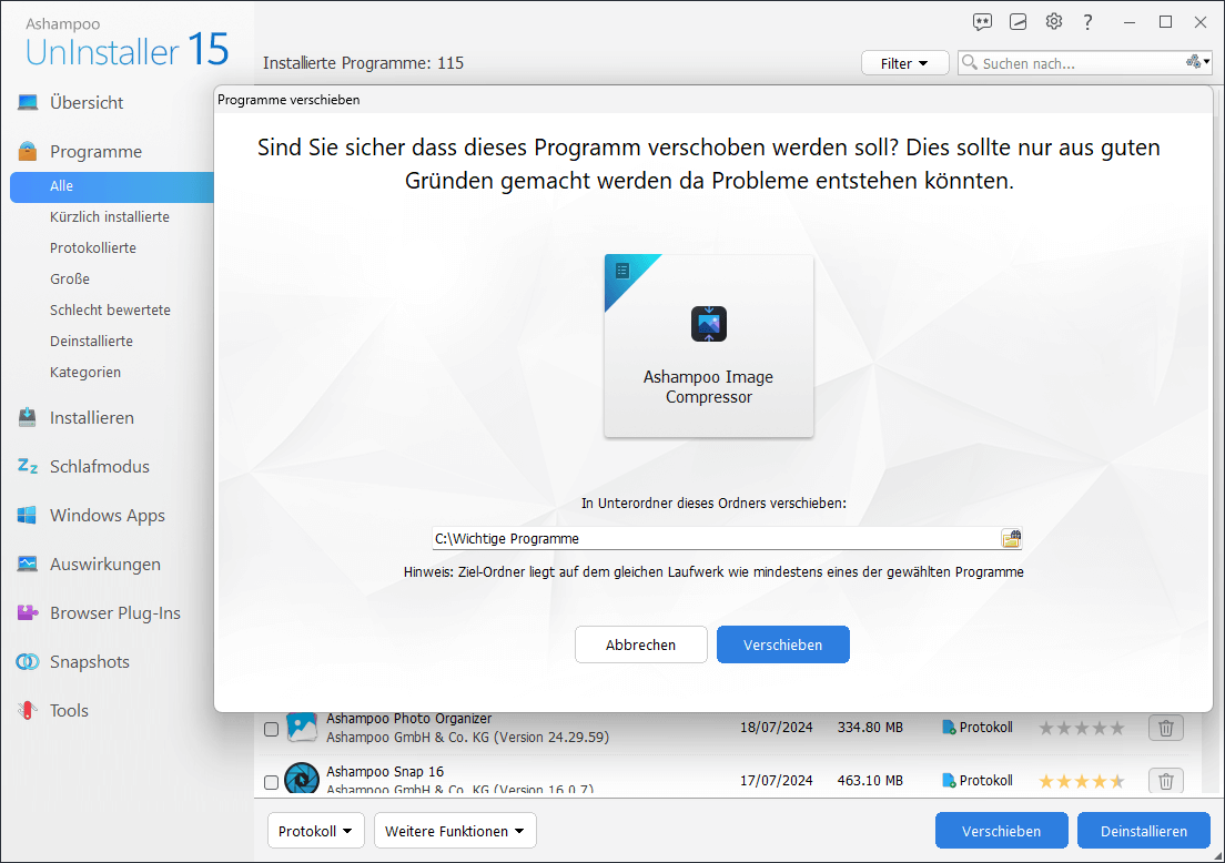 Ashampoo® UnInstaller 15 -  Verschieben 