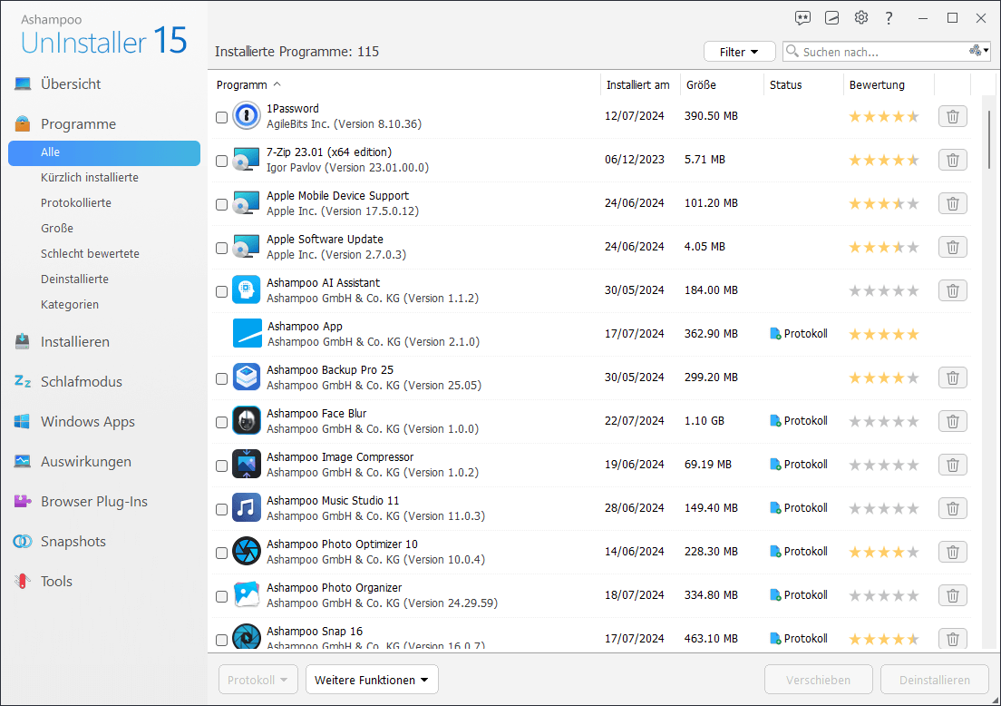 Ashampoo® UnInstaller 15 - Programmliste 