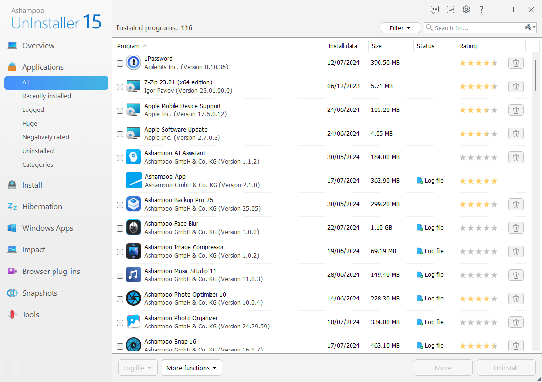 Ashampoo® UnInstaller 15 - Program list 