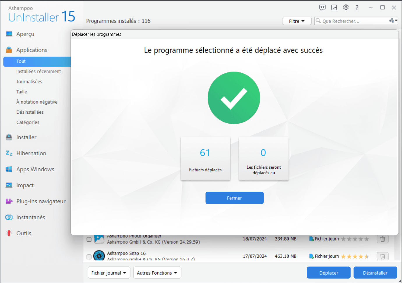 Ashampoo® UnInstaller 15 - Move successful 