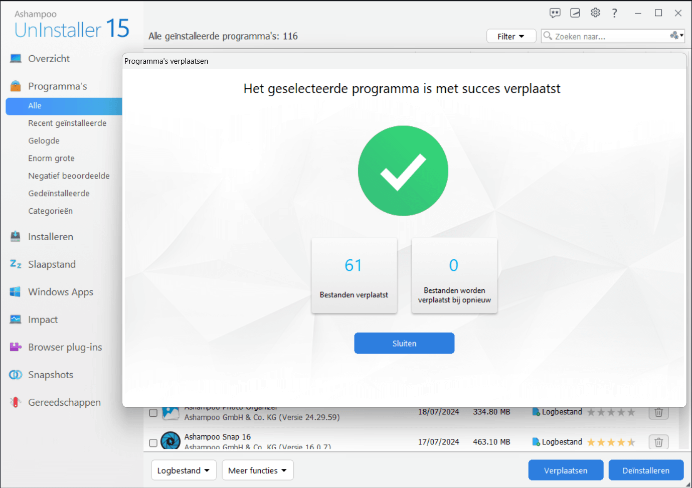 Ashampoo® UnInstaller 15 - Move successful 