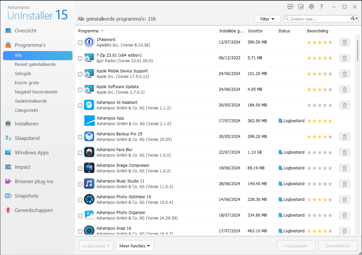 Ashampoo® UnInstaller 15 - Program list 