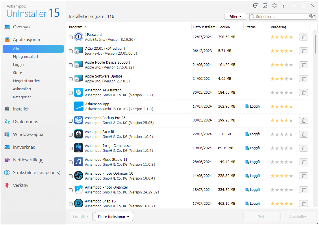 Ashampoo® UnInstaller 15 - Program list 