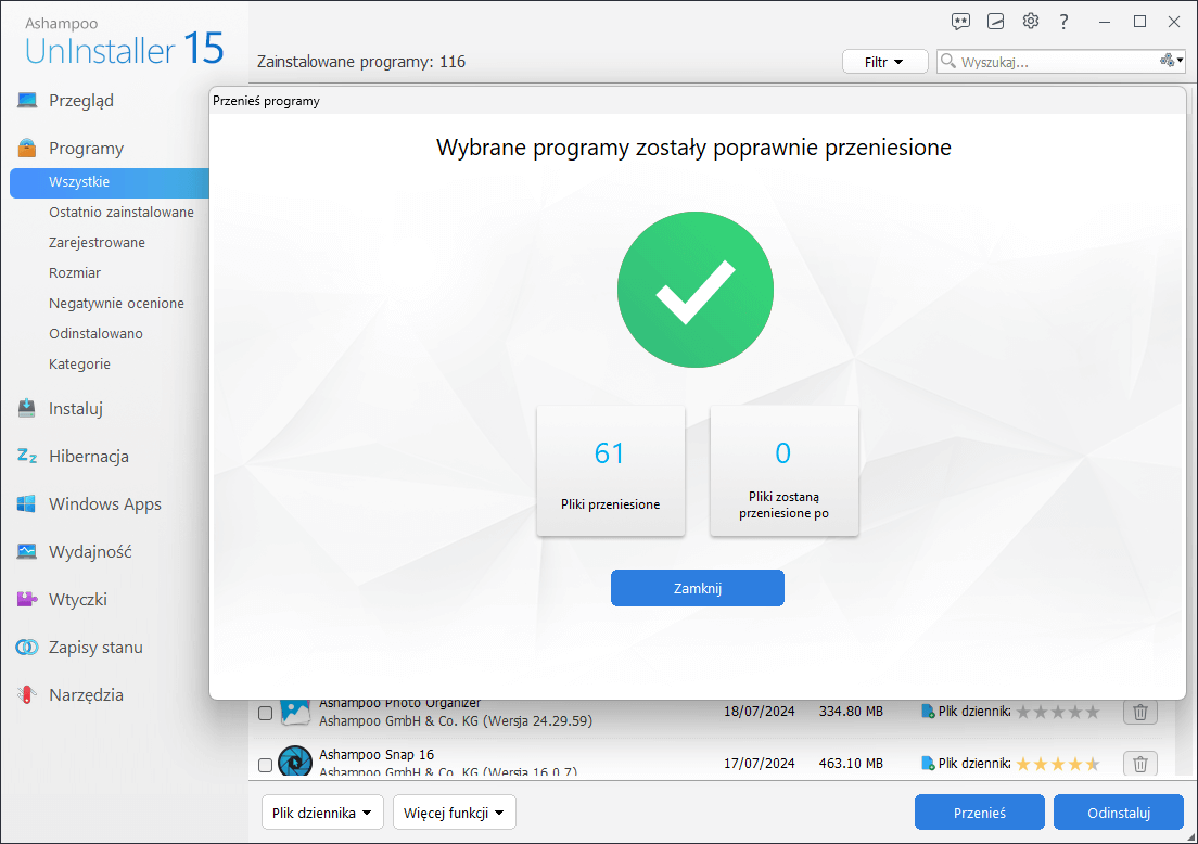 Ashampoo® UnInstaller 15 - Move successful 