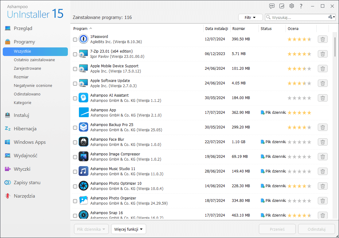 Ashampoo® UnInstaller 15 - Program list 