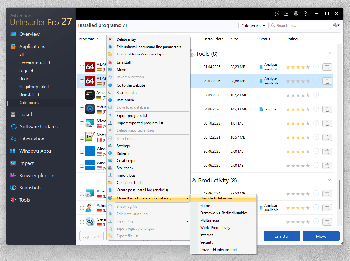 Ashampoo® UnInstaller Pro 27 - Categories