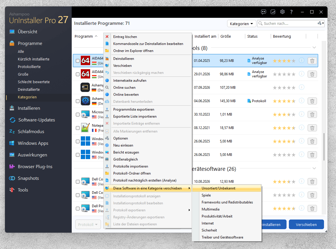 Ashampoo® UnInstaller Pro 27 - Kategorien