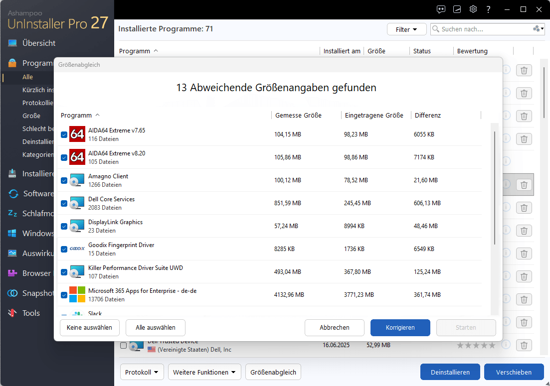 Ashampoo® UnInstaller Pro 27 - Größenabgleich