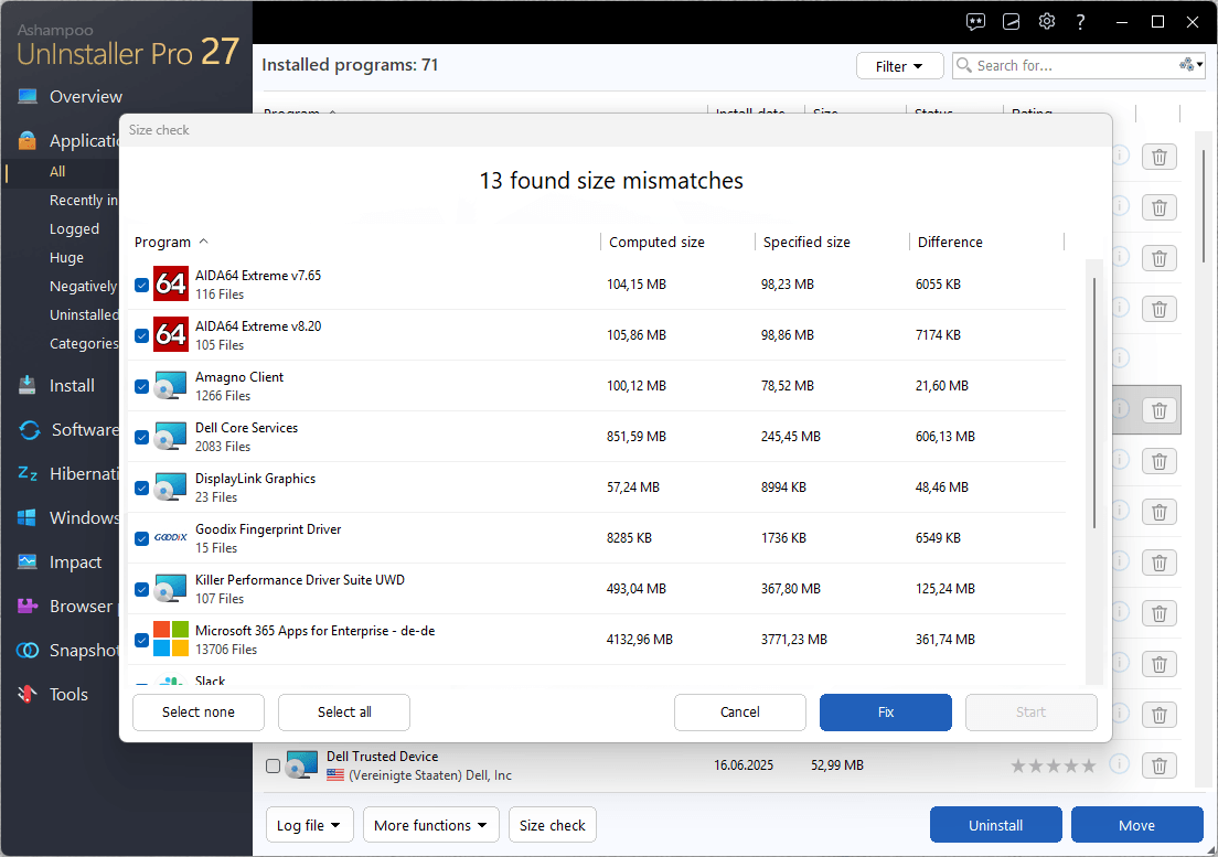 Ashampoo® UnInstaller Pro 27 - Size Check