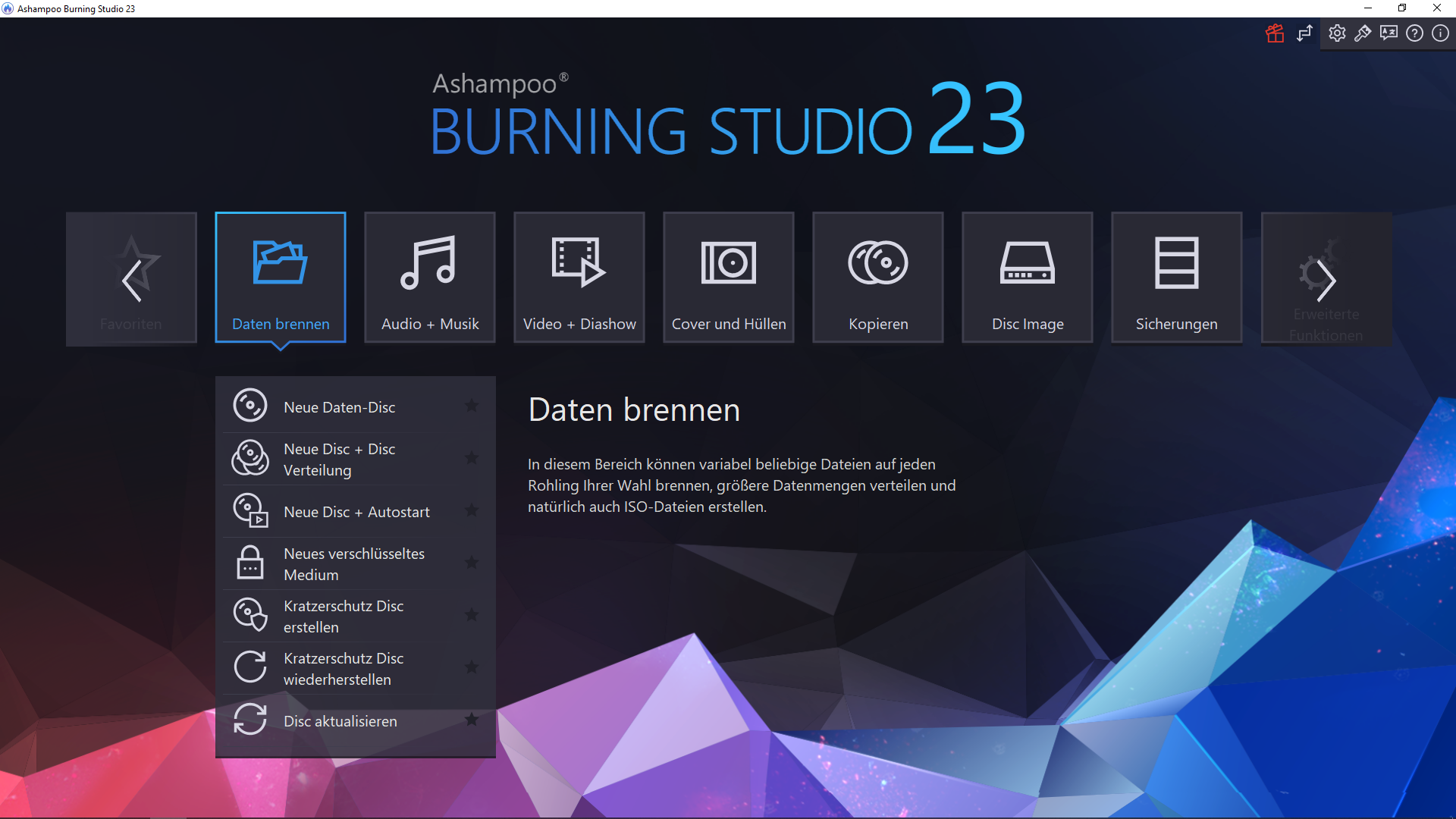 Ashampoo - Burning Studio 23 - Start - dark