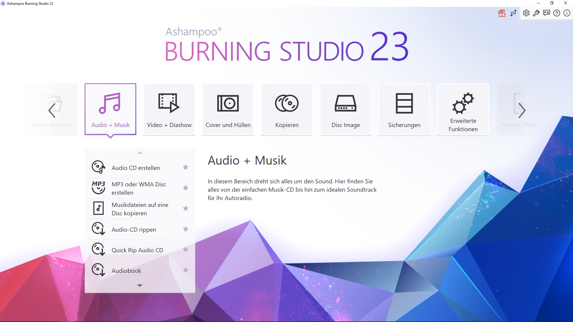 Ashampoo - Burning Studio 23 - Start - light