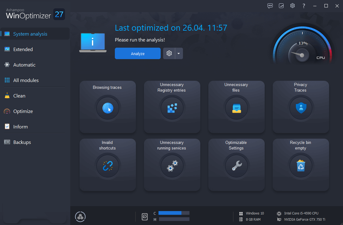 Ashampoo® WinOptimizer 27 - Main dark 