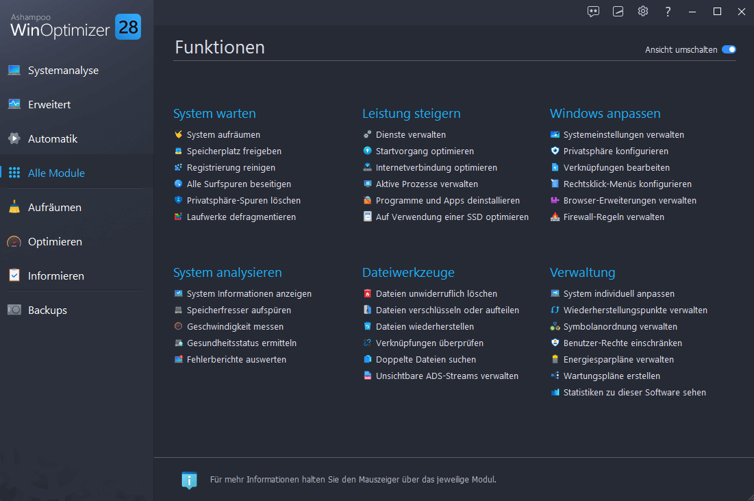 WinOptimizer 28 - Alle Module Funktionen