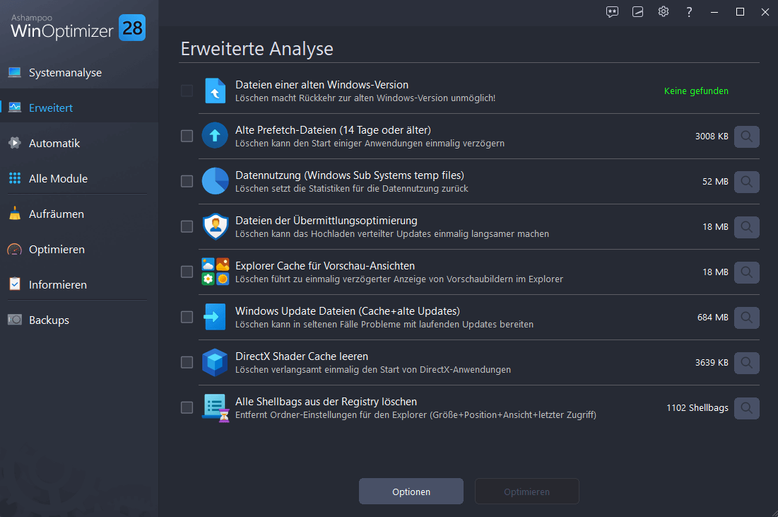 WinOptimizer 28 - Erweiterte Analyse 