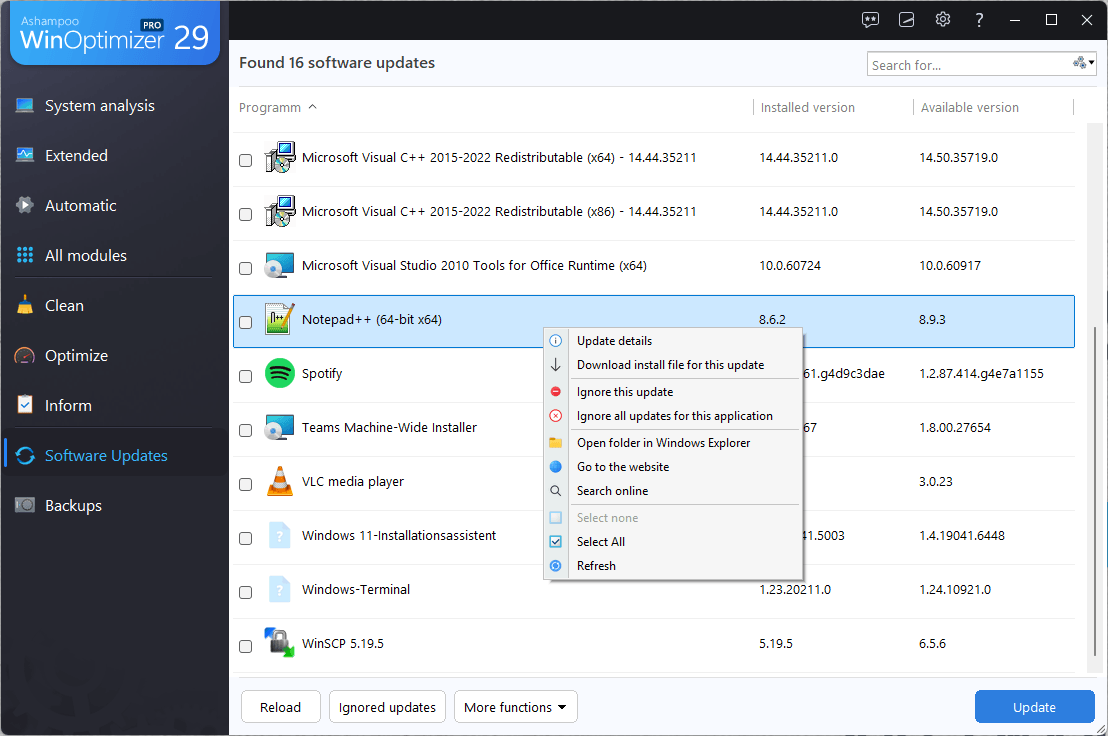 Ashampoo® WinOptimizer Pro 29 - Software Updater