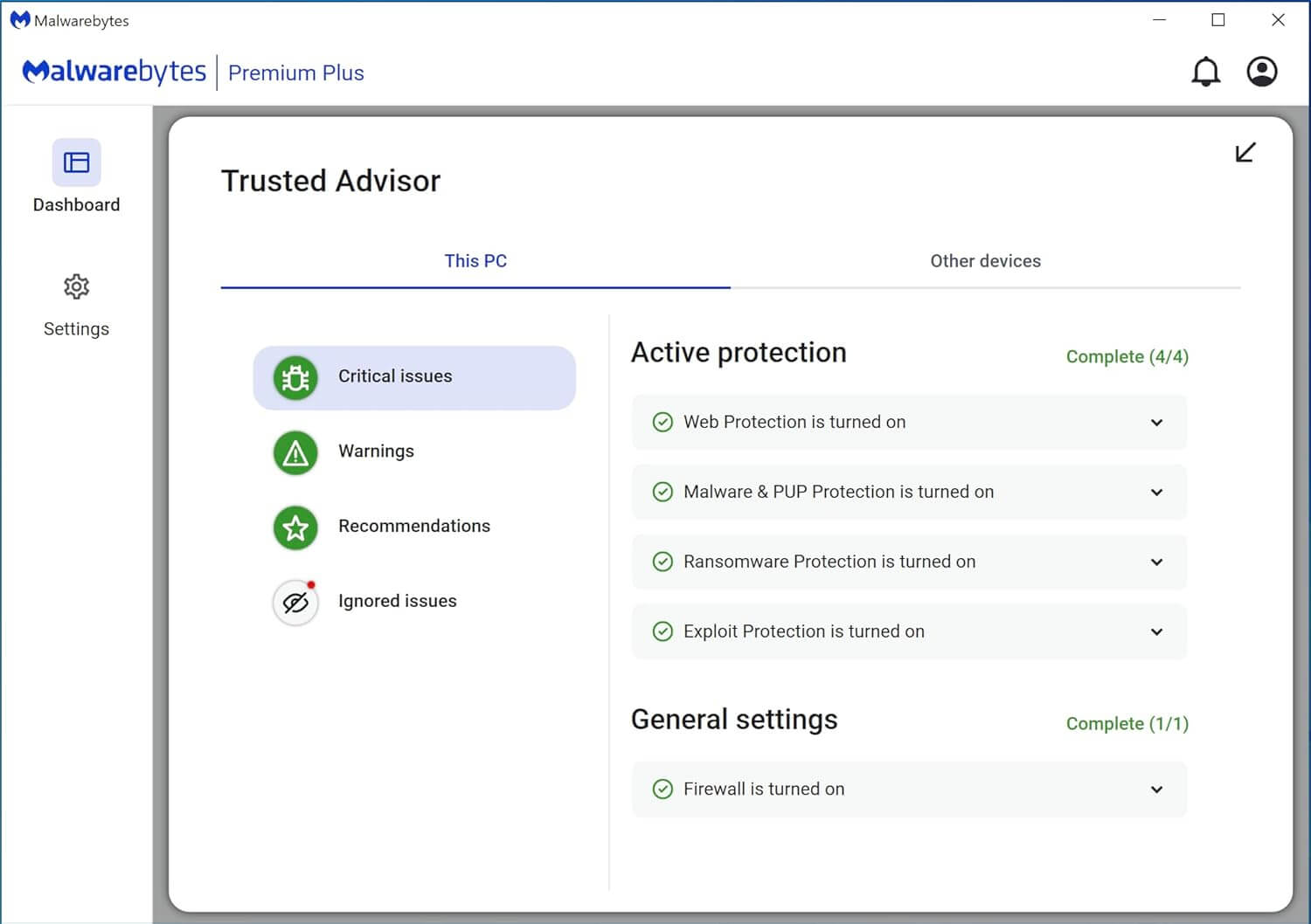 Malwarebytes Premium - Dashboard