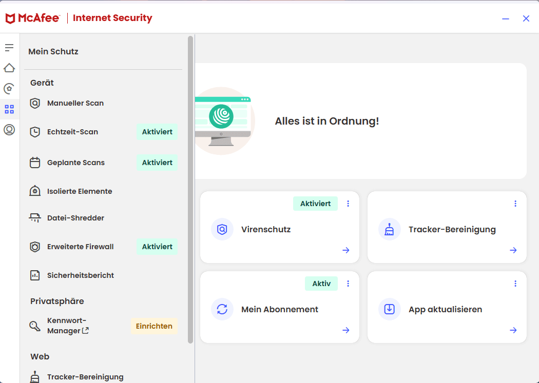 McAfee Internet Security - Schutz Übersicht 