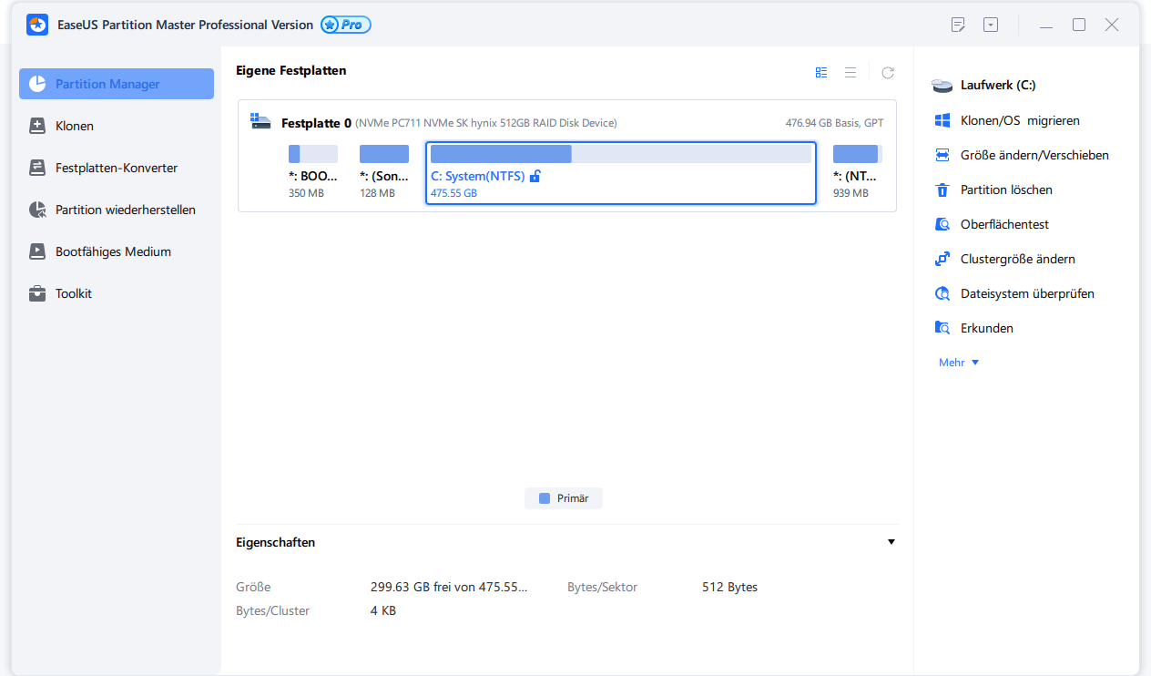 EaseUS Partition Master Pro - Eigene Festplatten