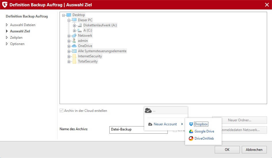 GData Internet Security Windows - Auswahl Ziel