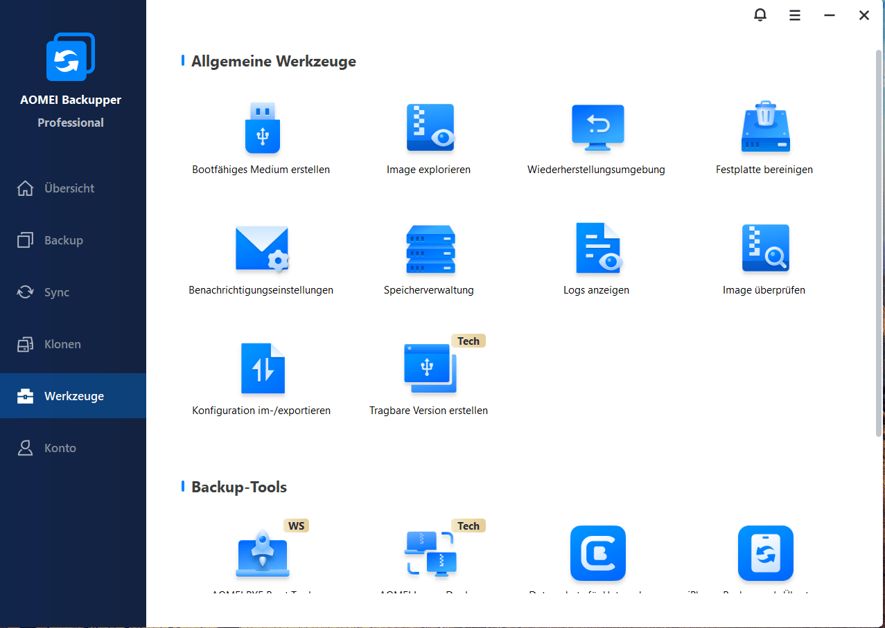AOMEI Backupper Professional - Allgemeine Werkzeuge