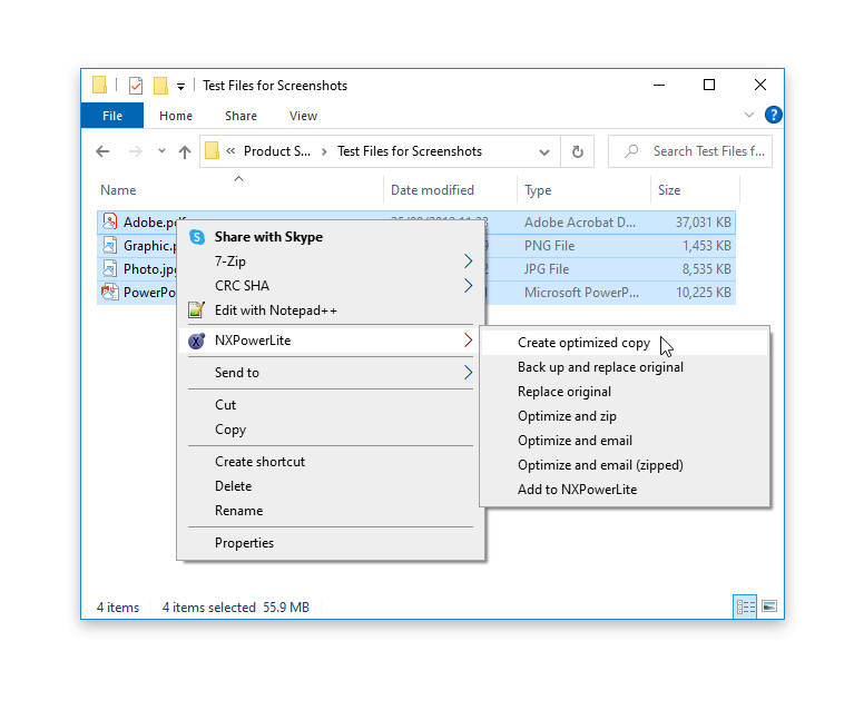 NXPowerLite - Example Windows