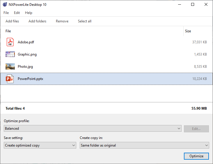 NXPowerLite - Example Windows