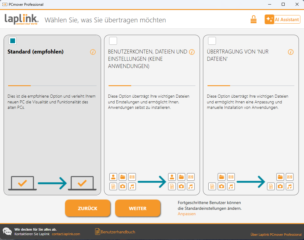 Laplink PC Mover Professional - Übertragungsart