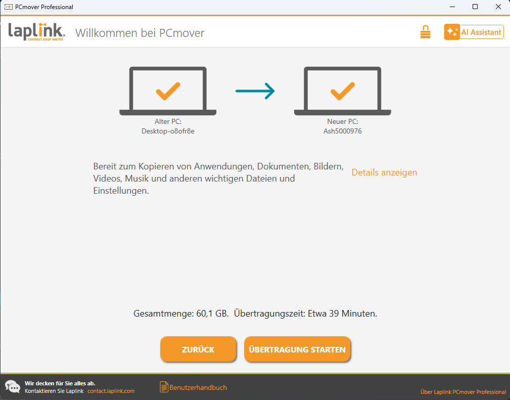 Laplink PC Mover Professional - Übertragungsart starten