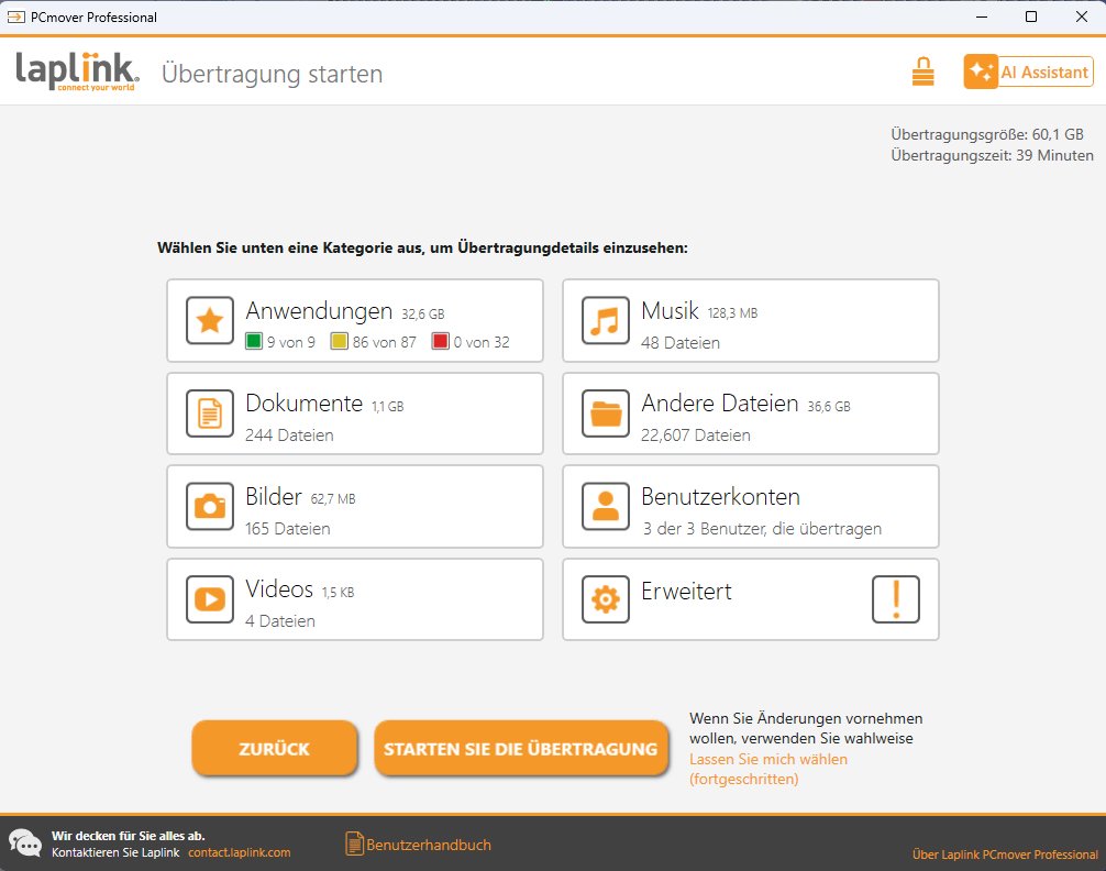 Laplink PC Mover Professional - Dateien auswählen